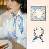 Floral & Crane Silk Square Scarf - Blue