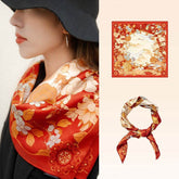 Floral & Crane Silk Square Scarf - Red