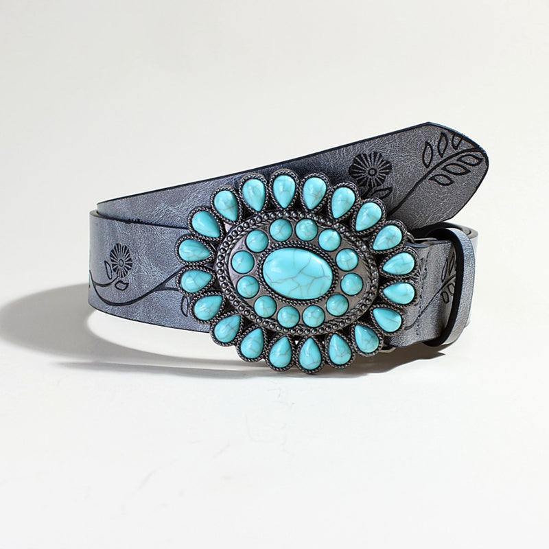 Boho Rose Pattern Turquoise Bead Gray Belt