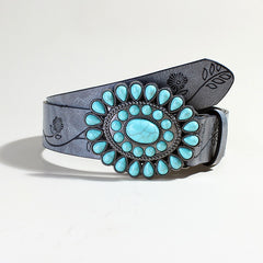 Boho Rose Pattern Turquoise Bead Gray Belt