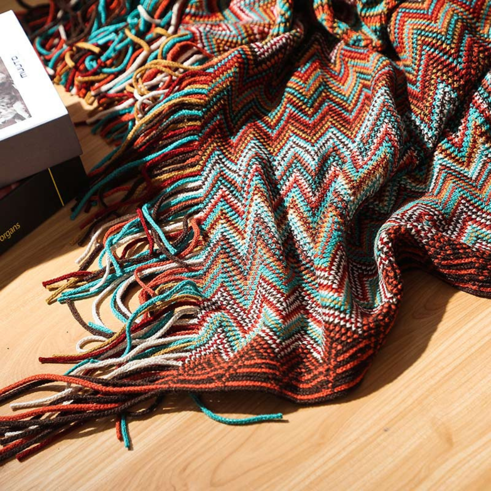 Multicolor Zigzag Tasseled Knit Throw