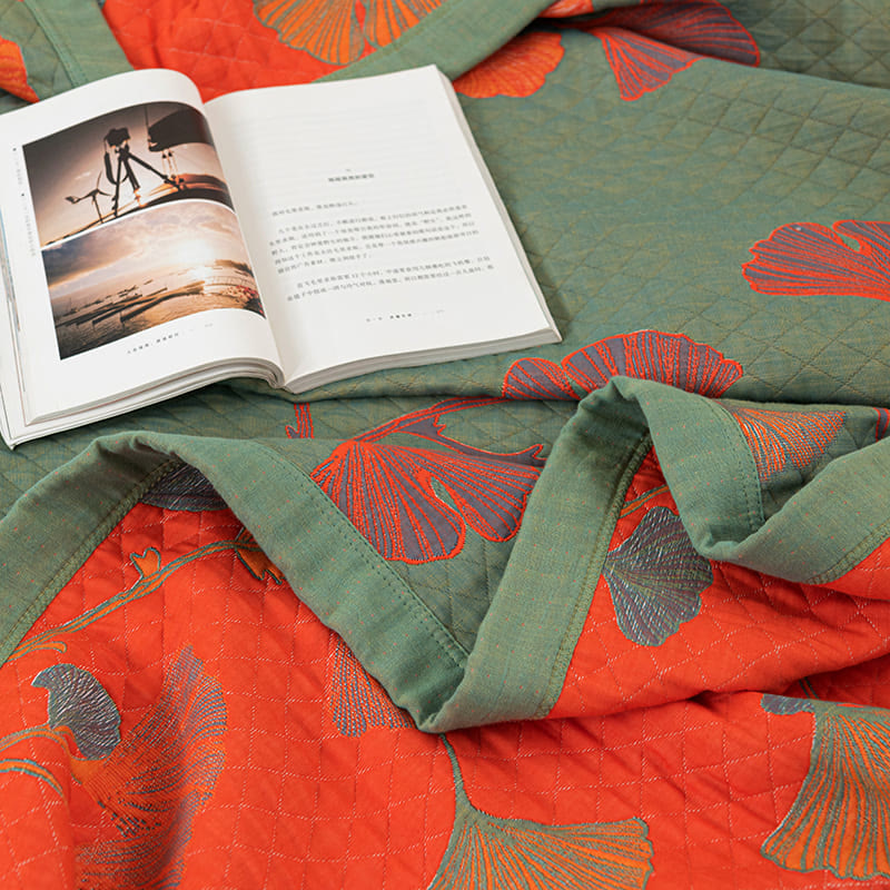 LoomVita Orange Ginkgo Leaf Cotton Reversible Quilt