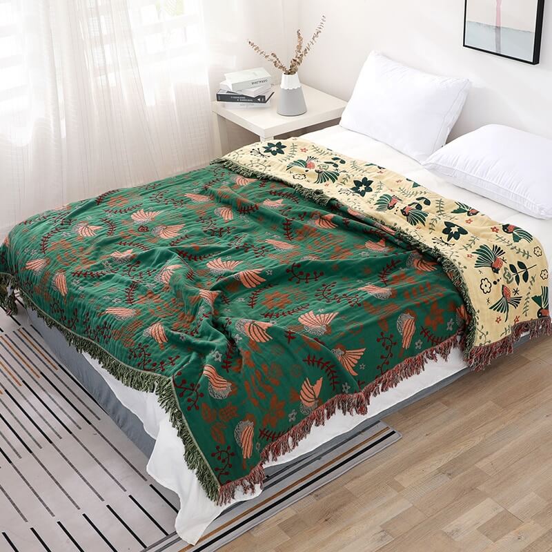 LoomVita Boho Breathable Flower Bird Reversible Blanket