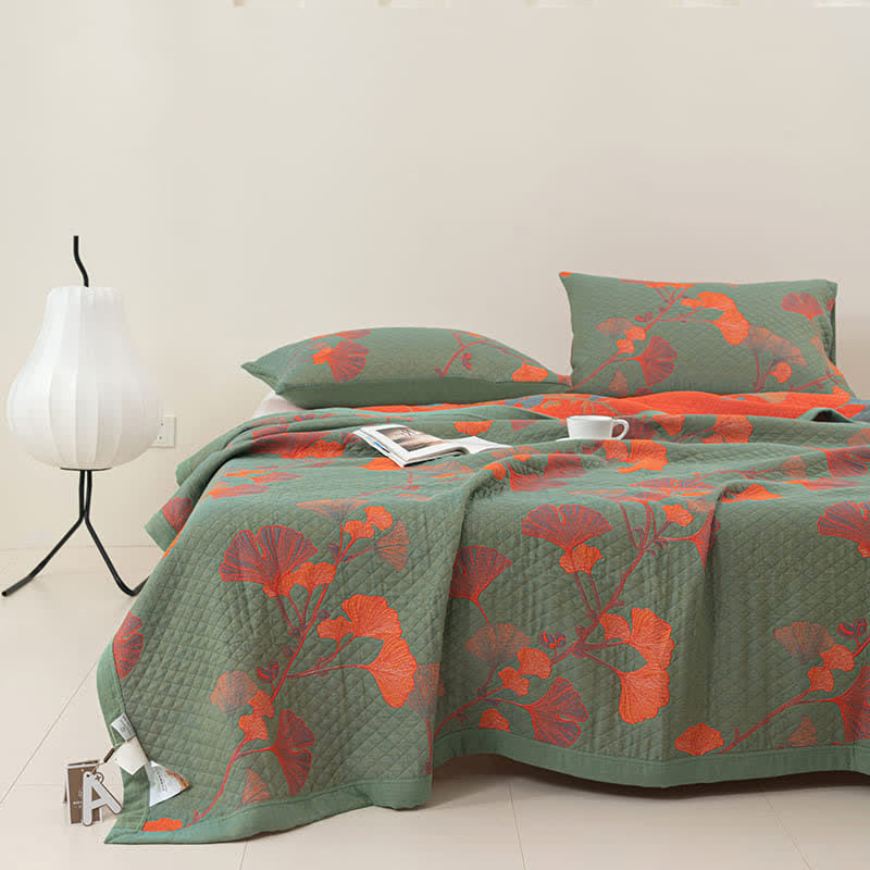 LoomVita Orange Ginkgo Leaf Cotton Reversible Quilt