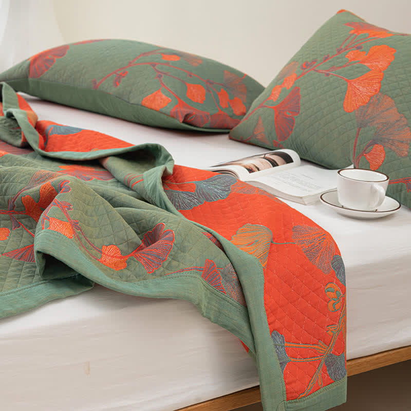 LoomVita Orange Ginkgo Leaf Cotton Reversible Quilt
