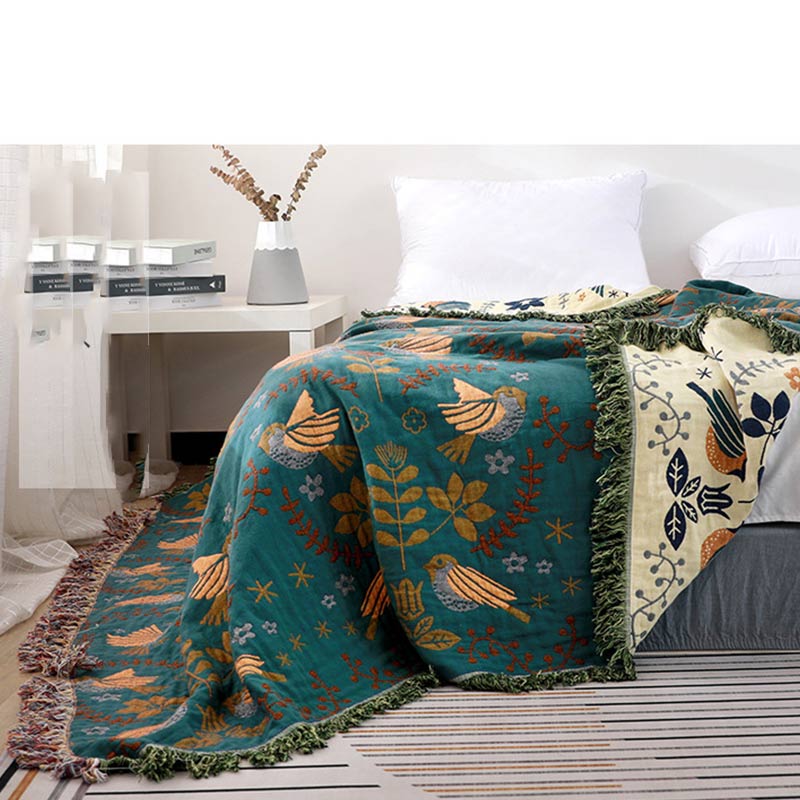 LoomVita Boho Breathable Flower Bird Reversible Blanket