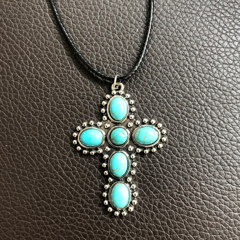 Boho Vintage Turquoise Cross Necklace