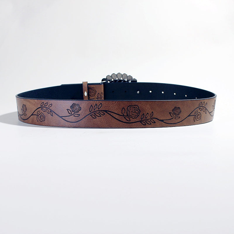 Boho Rose Pattern Turquoise Bead Brown Belt
