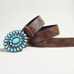 Boho Rose Pattern Turquoise Bead Brown Belt
