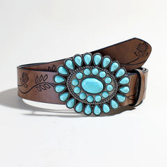 Boho Rose Pattern Turquoise Bead Brown Belt