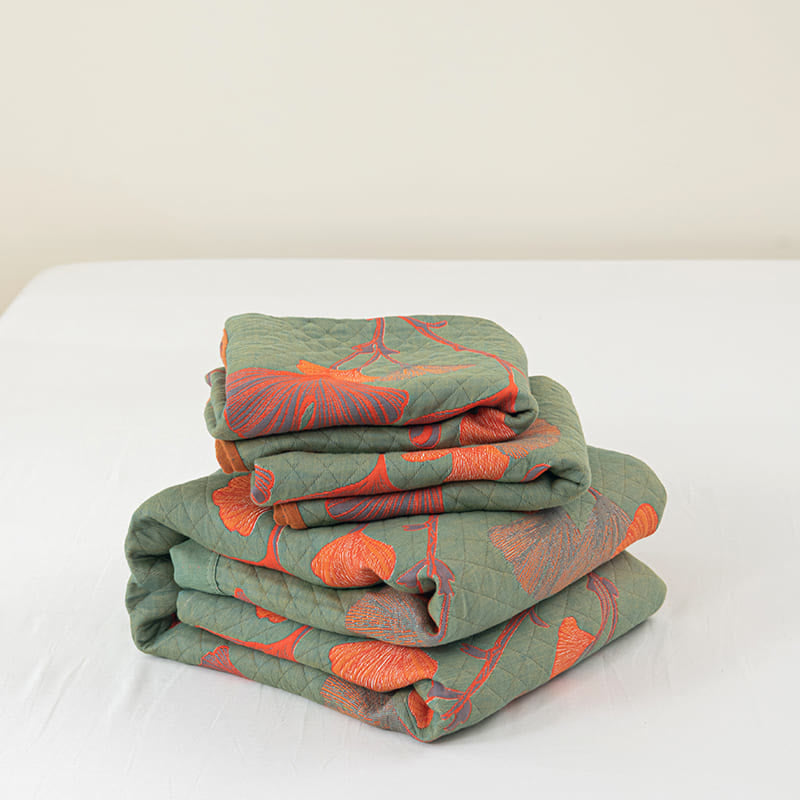 LoomVita Orange Ginkgo Leaf Cotton Reversible Quilt