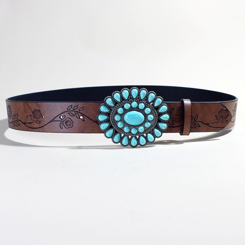 Boho Rose Pattern Turquoise Bead Brown Belt