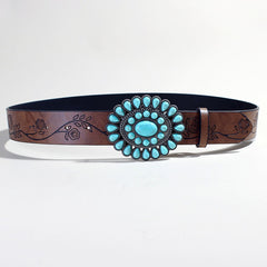 Boho Rose Pattern Turquoise Bead Brown Belt