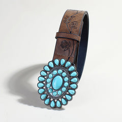 Boho Rose Pattern Turquoise Bead Brown Belt