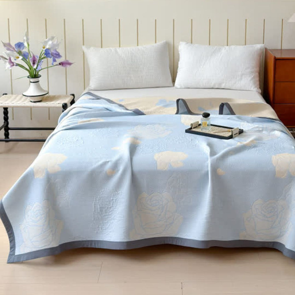 Blue Rose Bloom Cotton Blanket