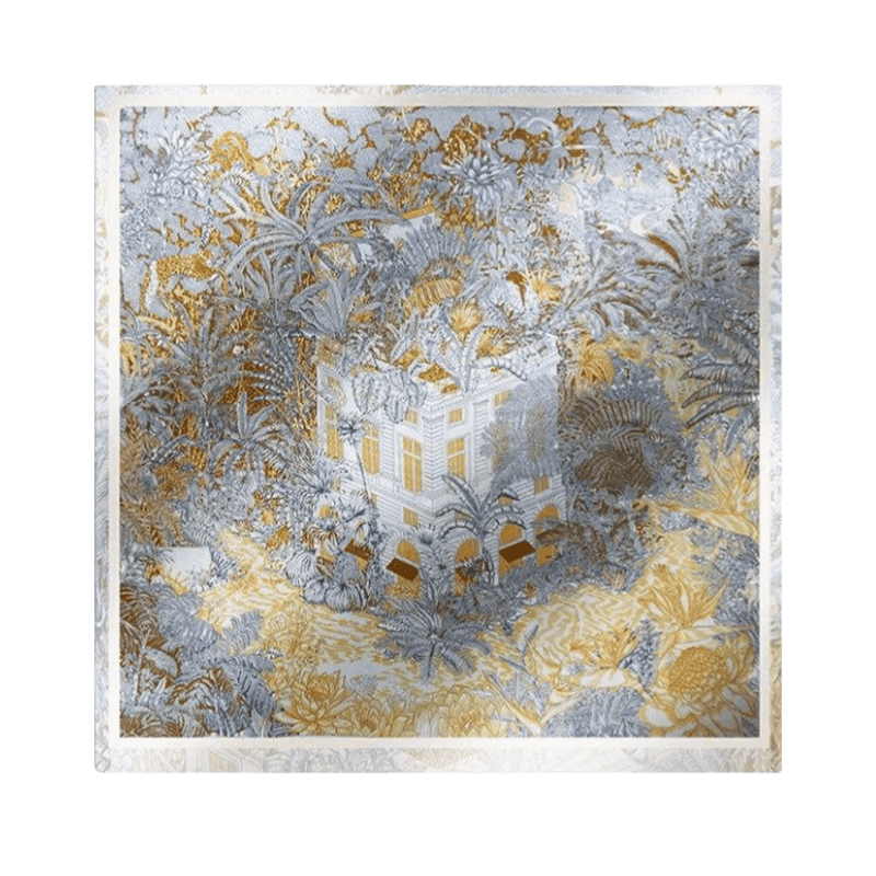 Mulberry Silk 14 Momme Square Scarf Vibrant Floral Gold 88x88 cm