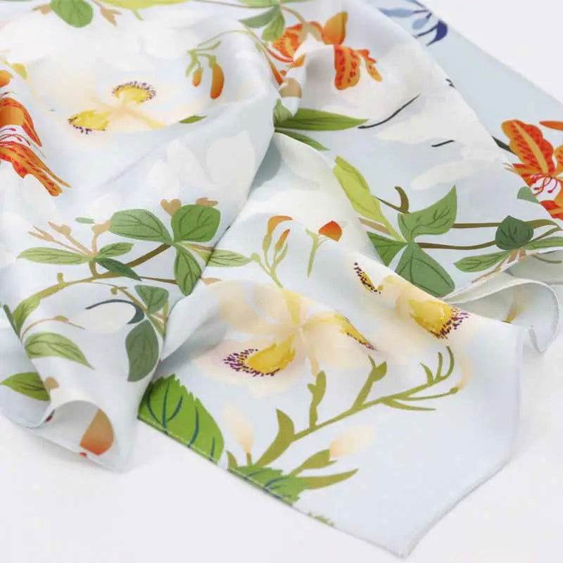 Floral Four Seasons Silk Square Scarf - Blue