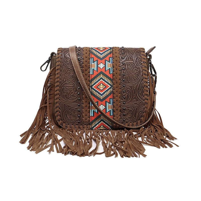Western Cowboy Print Fringe Crossbody Bag