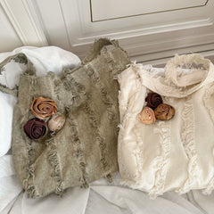 Linen Rose Tassel Wandering White Shoulder Bag Crossbody Bag