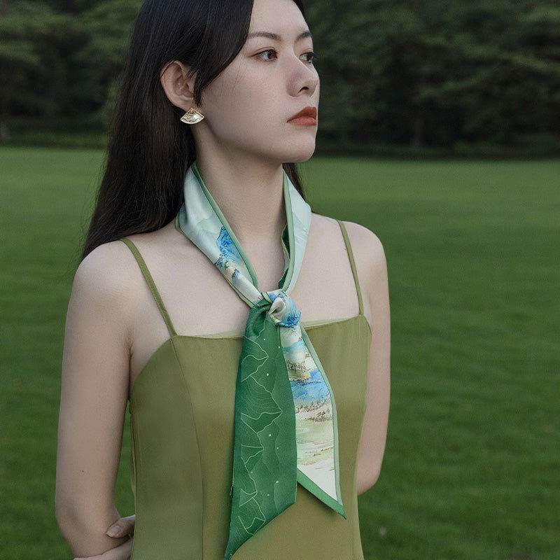 Chinese Painting Handcrafted 14-Momme Mulberry Silk Twilly– Green