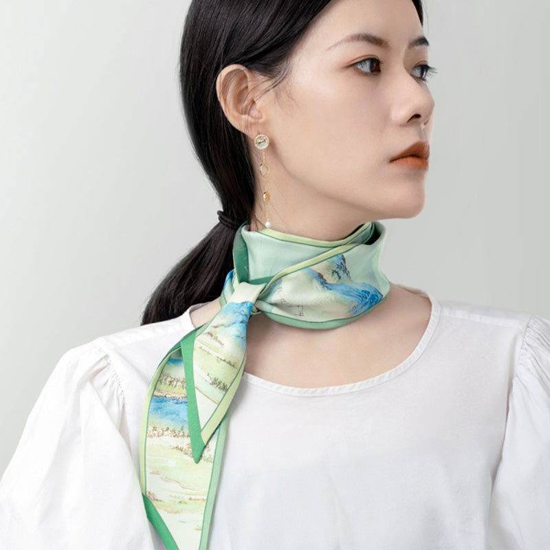Chinese Painting Handcrafted 14-Momme Mulberry Silk Twilly– Green