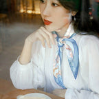 Floral & Crane Silk Square Scarf - Blue