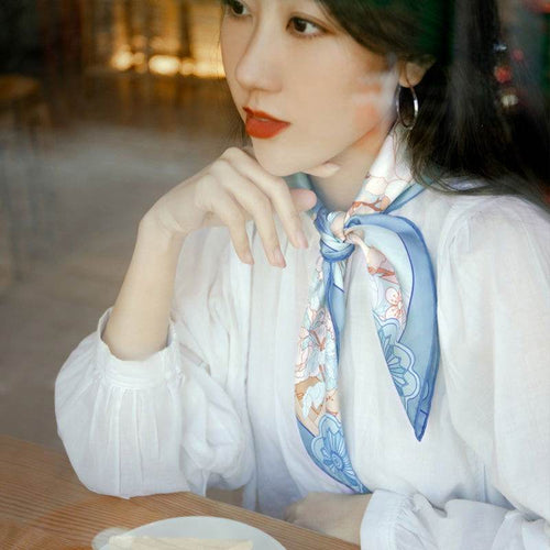 Floral & Crane Silk Square Scarf - Blue