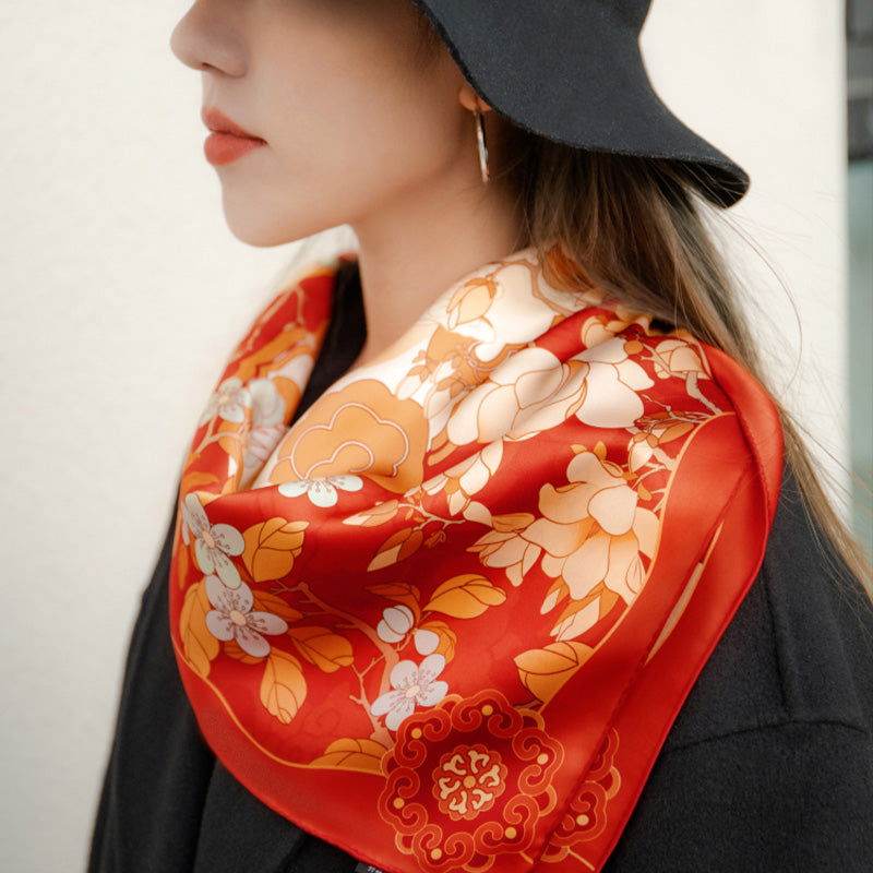 Floral & Crane Silk Square Scarf - Red