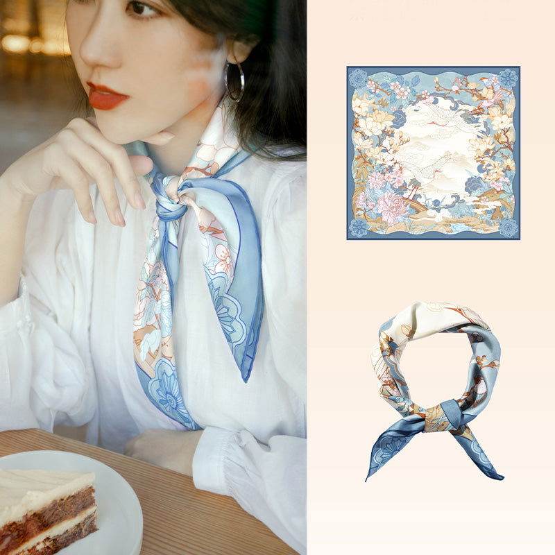 Floral & Crane Silk Square Scarf - Blue