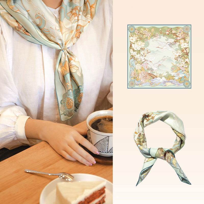 Floral & Crane Silk Square Scarf - Green