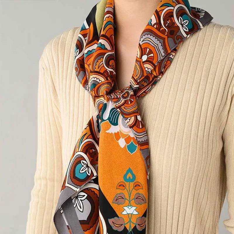 Phoenix & Lotus 16-Momme Mulberry Silk Medium Square Scarf - Brown