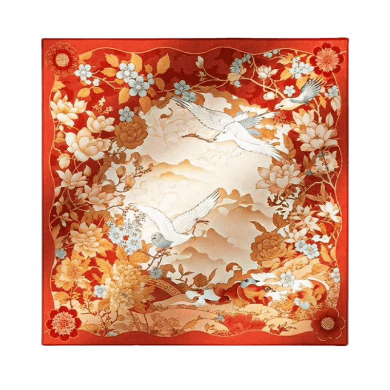 Floral & Crane Silk Square Scarf - Red