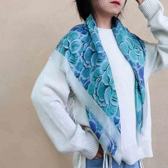 100% Wool Winter Square Scarf Elegant Peony 100x100cm