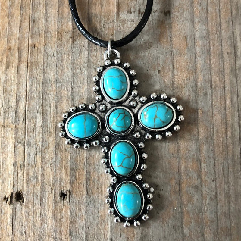 Boho Vintage Turquoise Cross Necklace