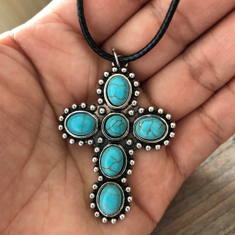 Boho Vintage Turquoise Cross Necklace