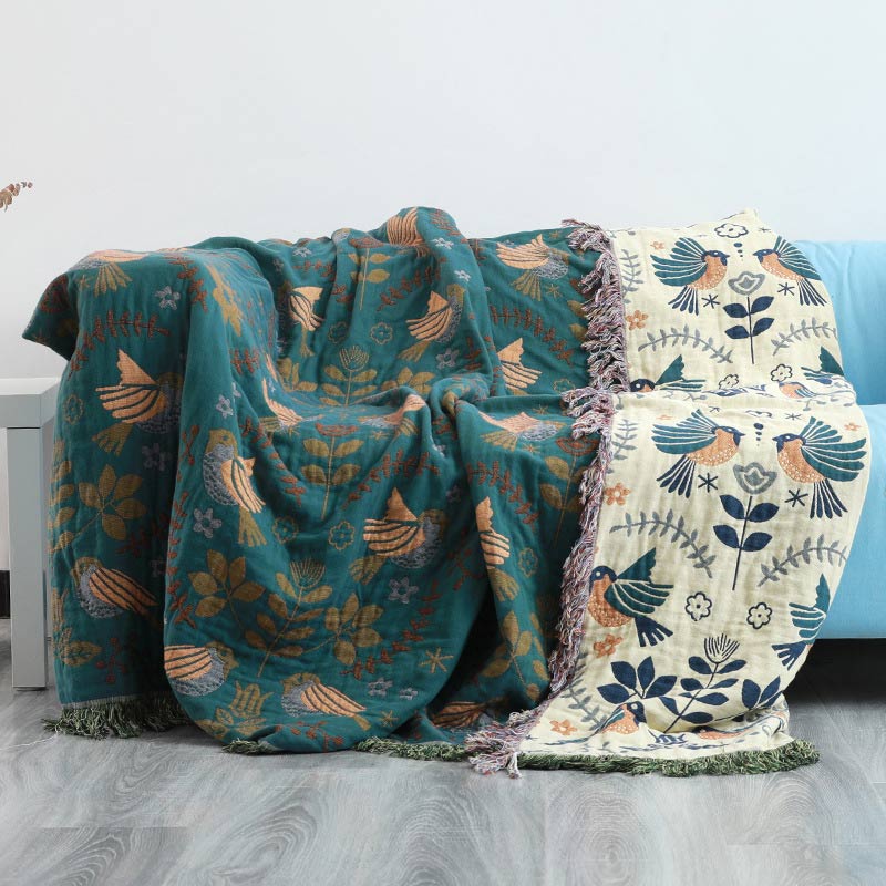 LoomVita Boho Breathable Flower Bird Reversible Blanket