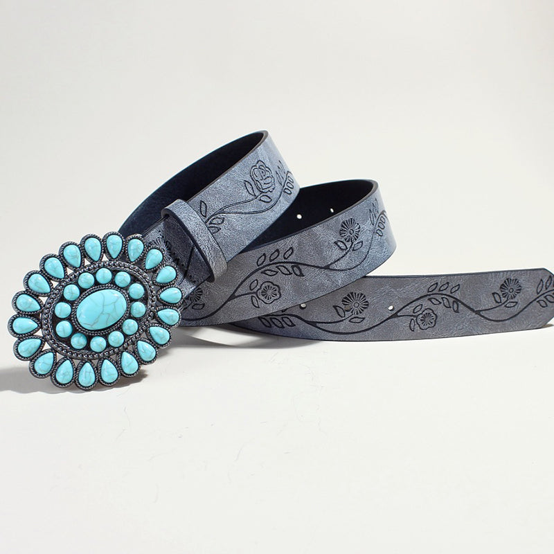 Boho handmade Rose Pattern Turquoise Gray Bead Belt