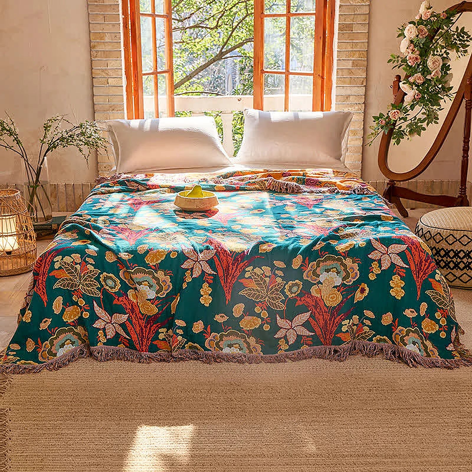 LoomVita Boho Reversible Cotton Gauze Tassel Quilt