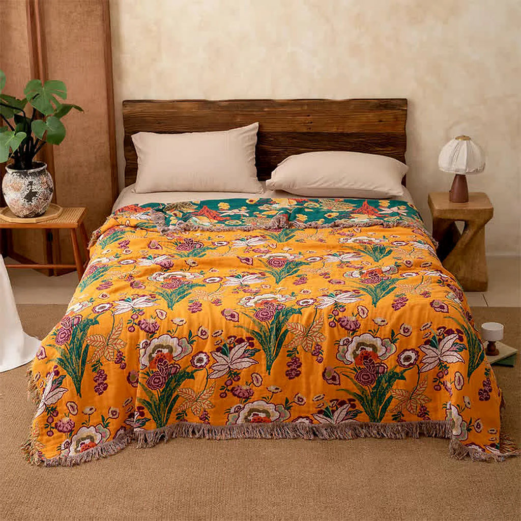LoomVita Boho Reversible Cotton Gauze Tassel Quilt
