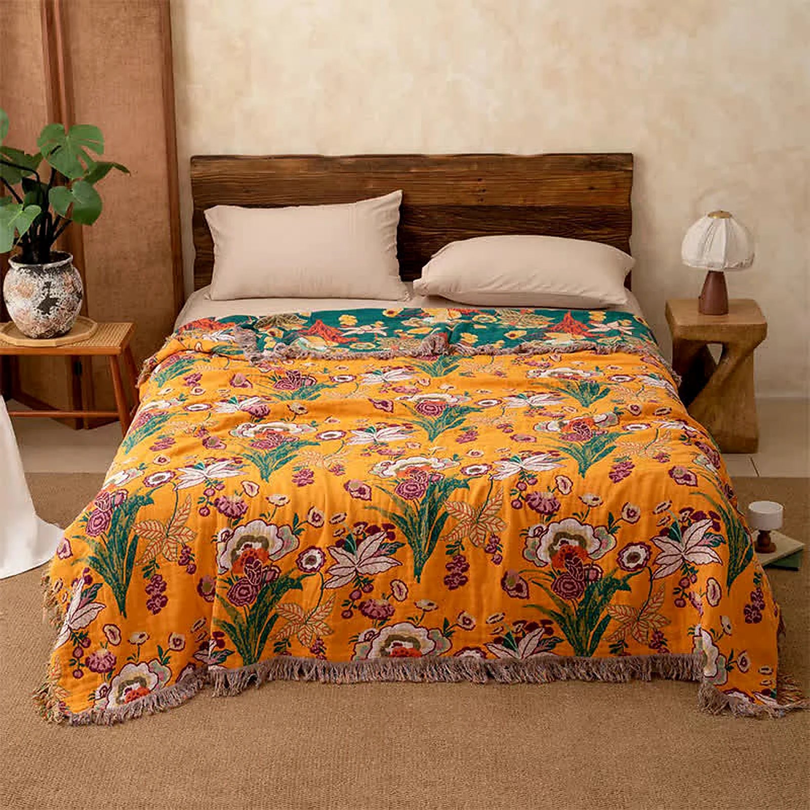 LoomVita Boho Reversible Cotton Gauze Tassel Quilt