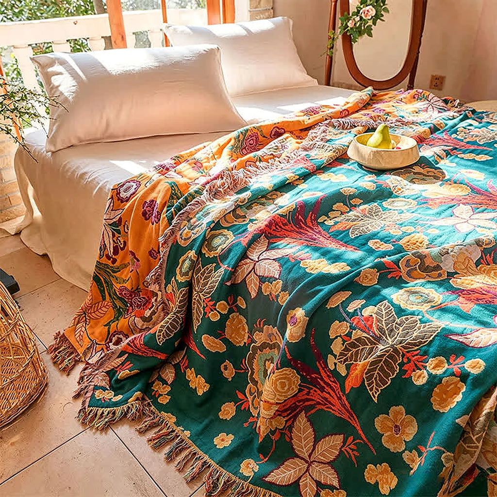 LoomVita Boho Reversible Cotton Gauze Tassel Quilt