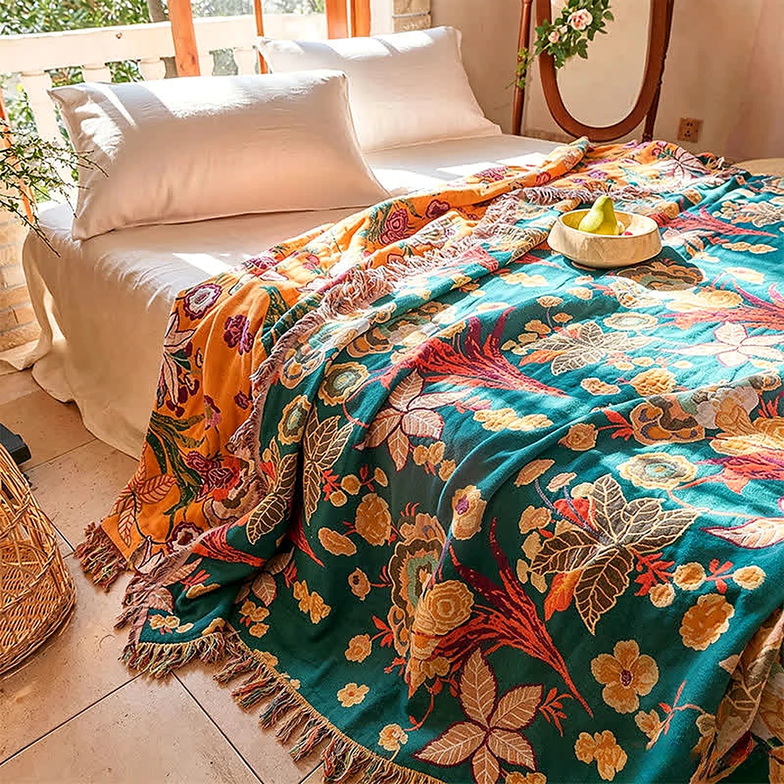 LoomVita Boho Reversible Cotton Gauze Tassel Quilt