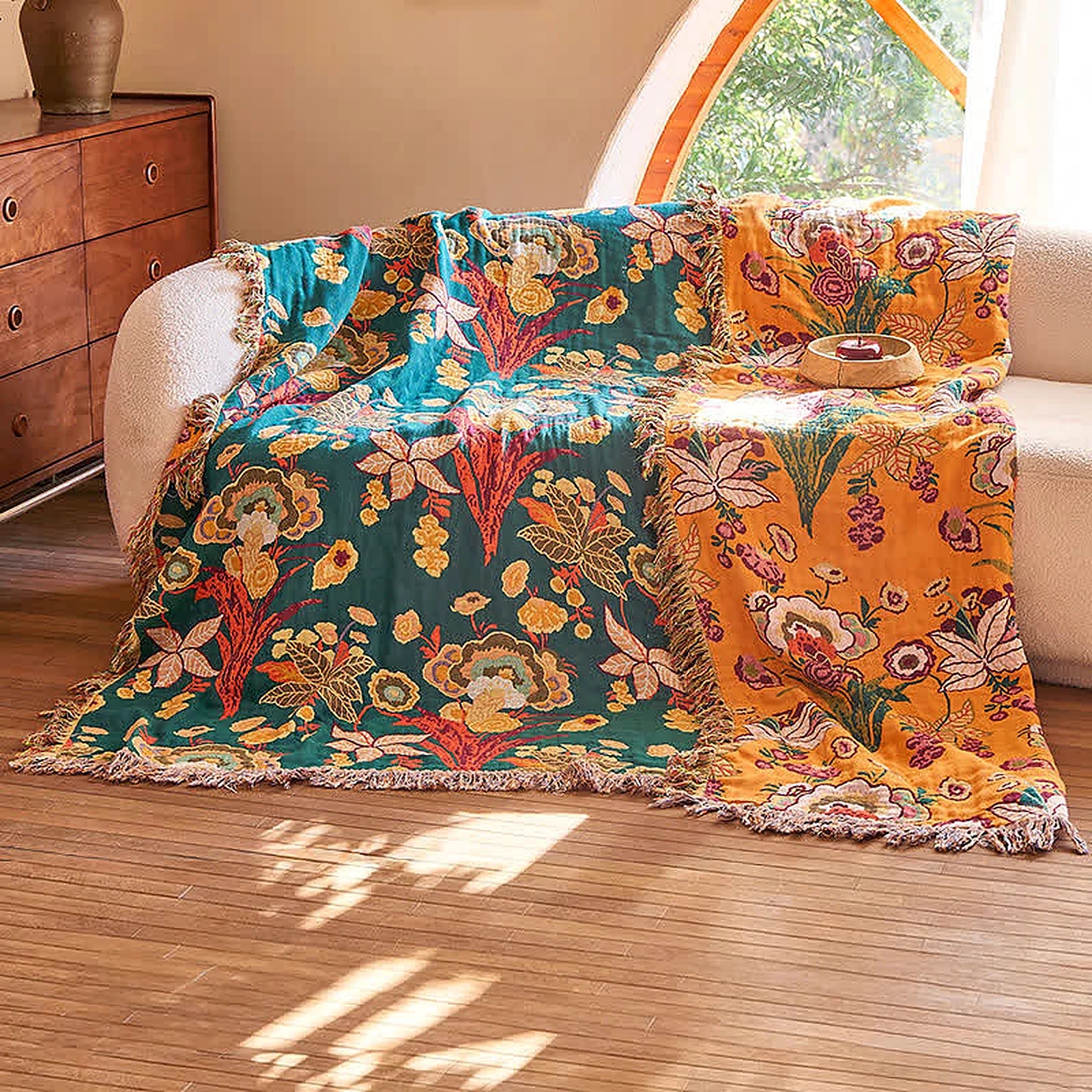LoomVita Boho Reversible Cotton Gauze Tassel Quilt