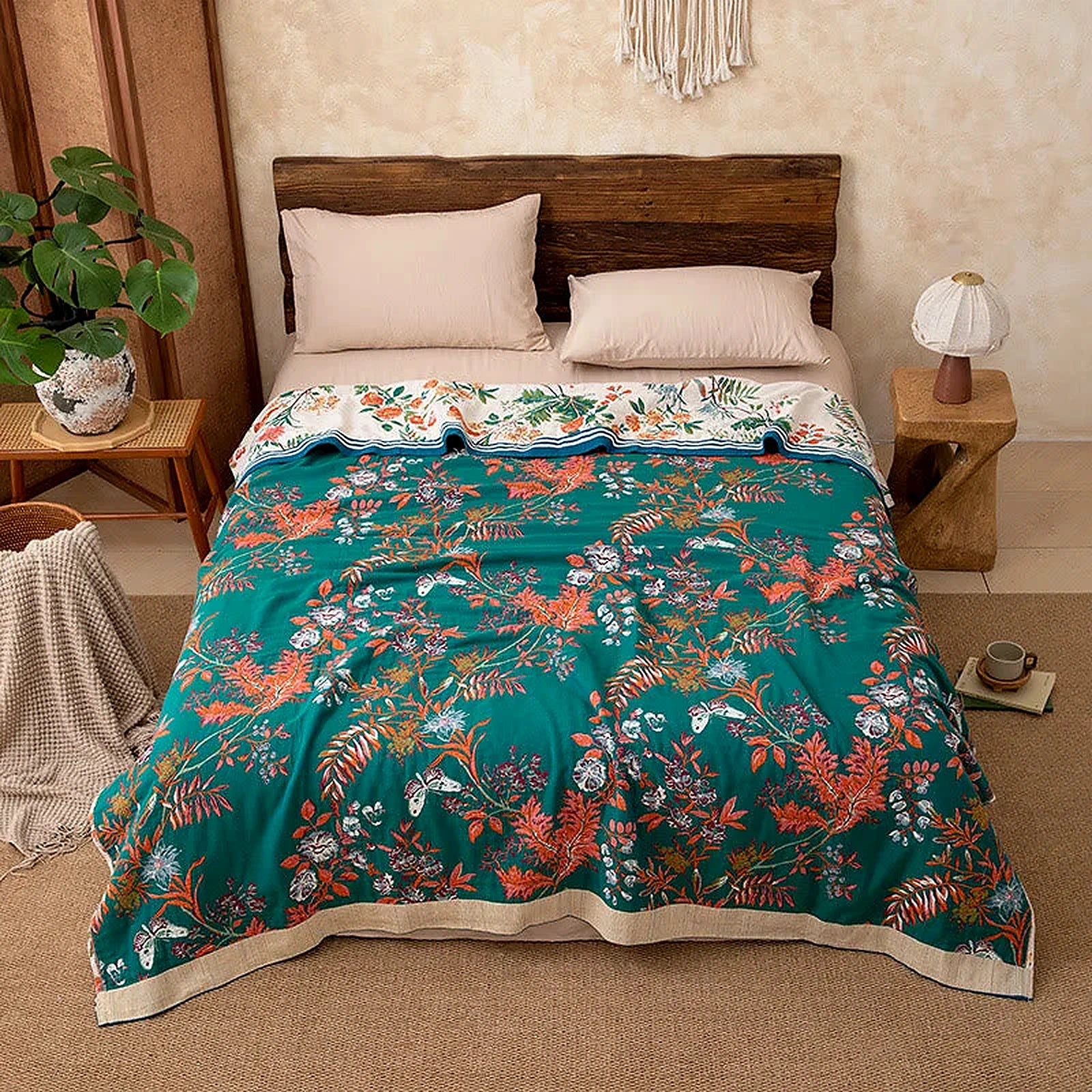 LoomVita Vintage Vine Floral Reversible Cotton Gauze Quilt